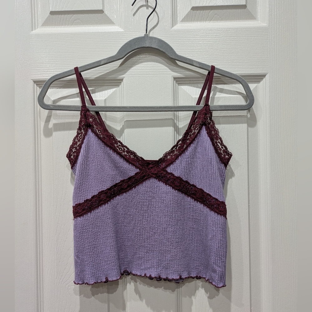 Forever 21 Y2K Camisole Tank Lace Trim Womens M/L Cropped Coquette Purple Ribbed